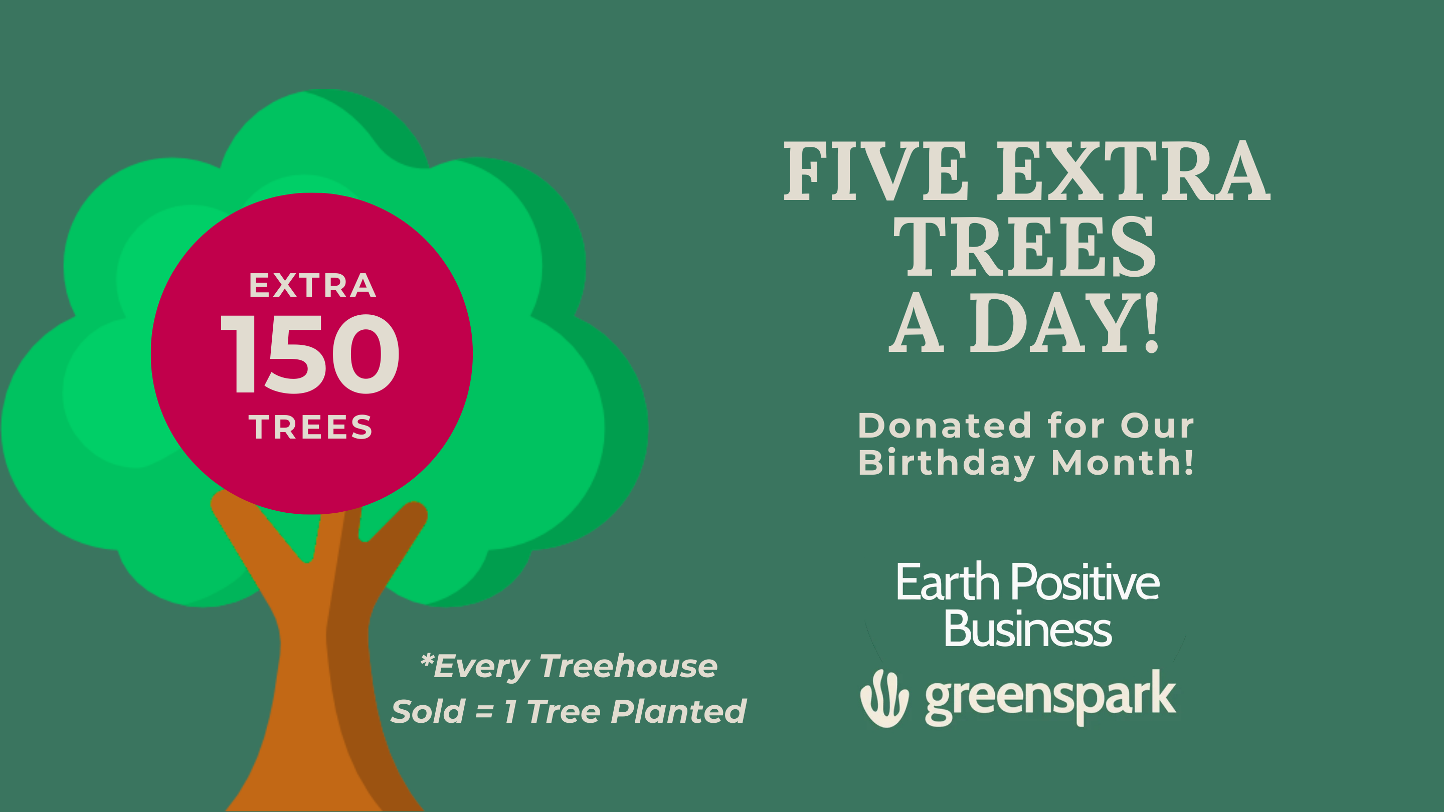 Promotional graphic for Earth Positive Business TINY TREEHOUSES with a tree and text about donating trees.