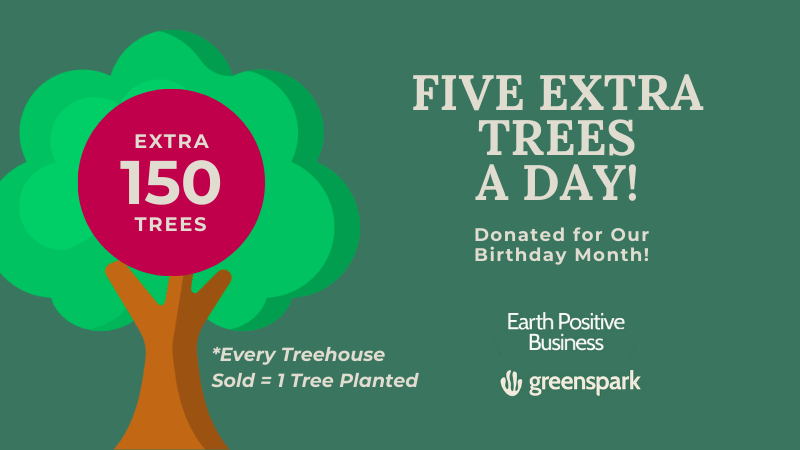 Promotional graphic for Earth Positive Business TINY TREEHOUSES with a tree and text about donating trees.